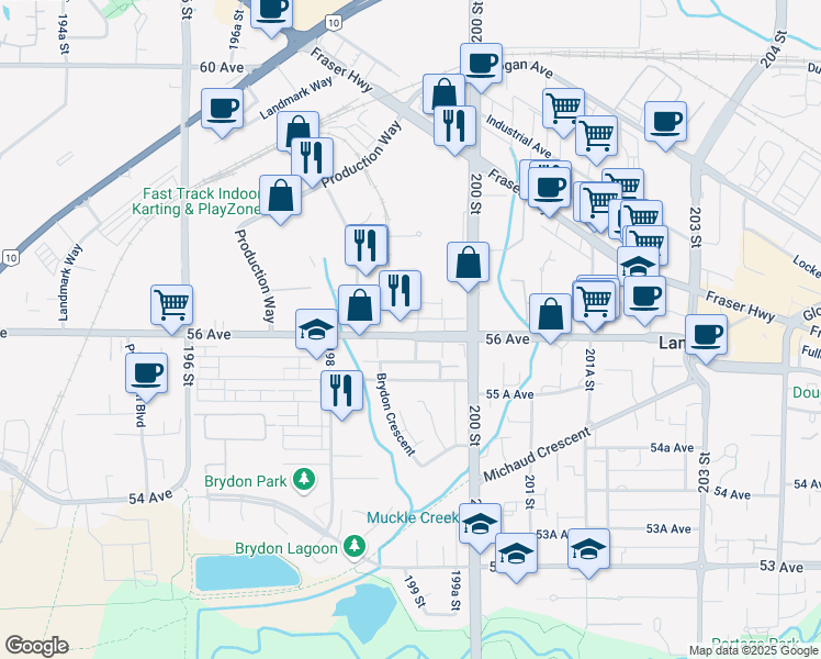 map of restaurants, bars, coffee shops, grocery stores, and more near 19897 56 Avenue in Langley