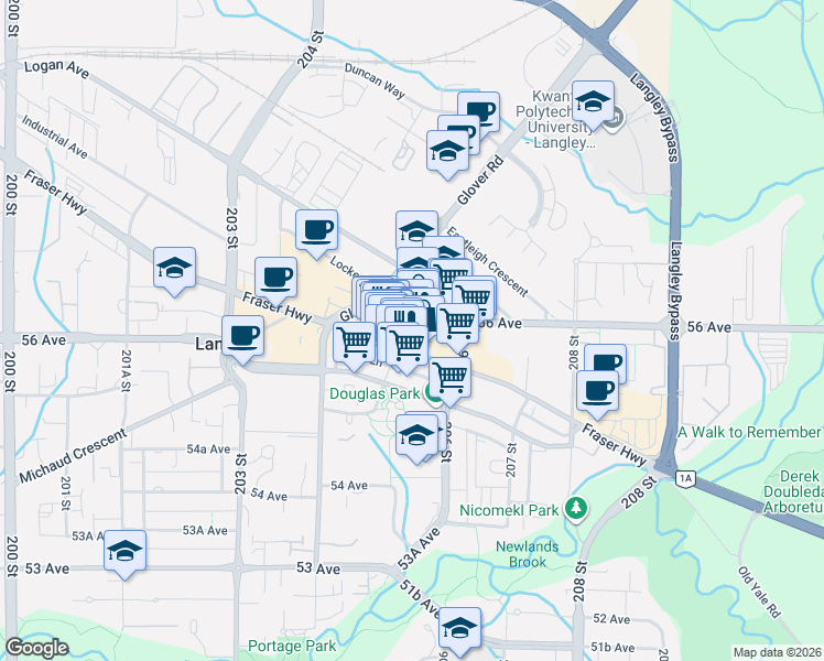 map of restaurants, bars, coffee shops, grocery stores, and more near 5501 Salt Lane in Langley
