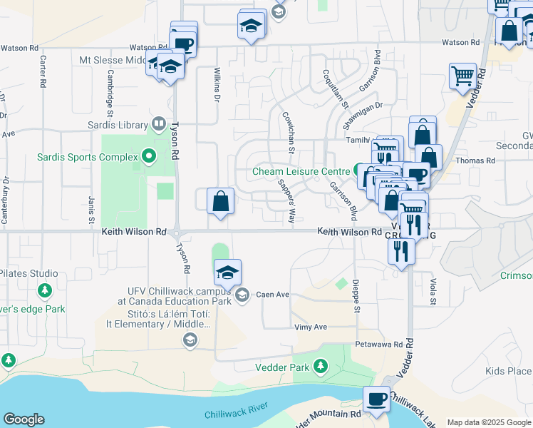 map of restaurants, bars, coffee shops, grocery stores, and more near 45290 Soowahlie Cresent in Chilliwack