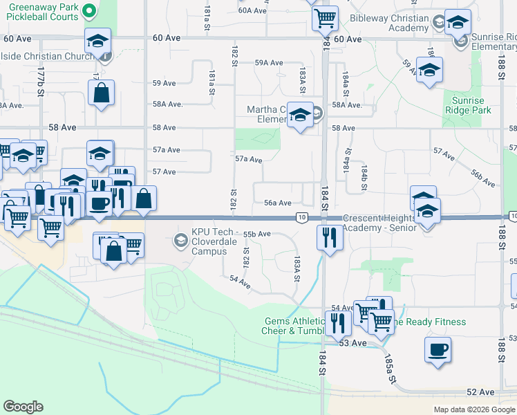 map of restaurants, bars, coffee shops, grocery stores, and more near 18254 56A Avenue in Surrey