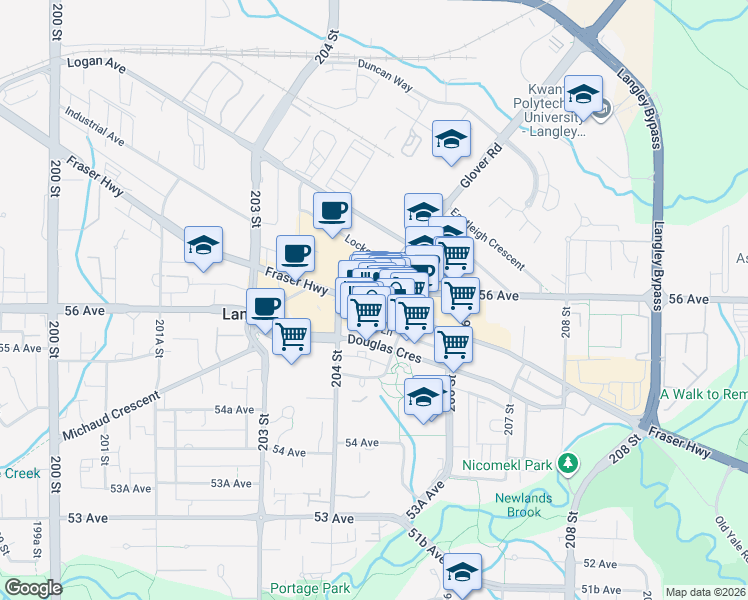 map of restaurants, bars, coffee shops, grocery stores, and more near in Langley