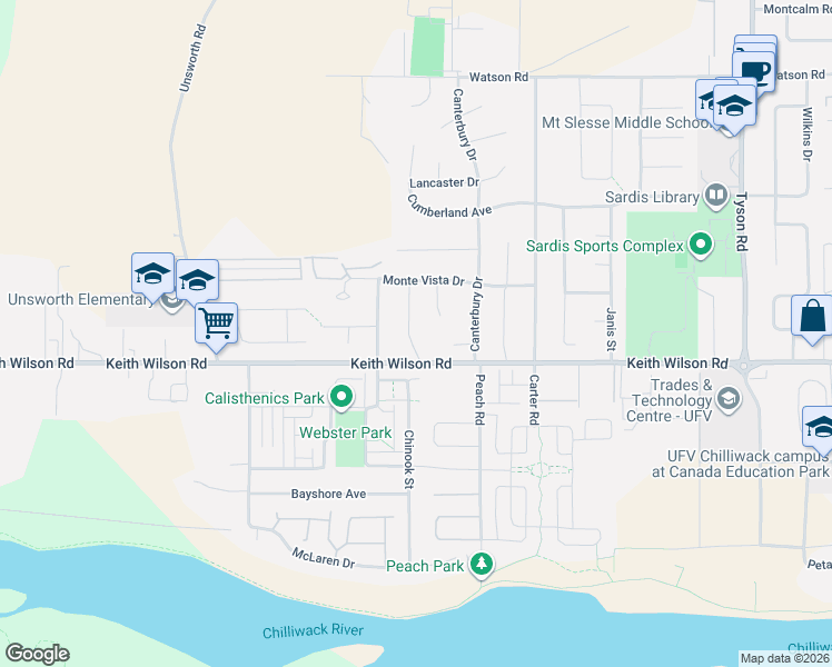 map of restaurants, bars, coffee shops, grocery stores, and more near 5648 Villa Rosa Place in Chilliwack
