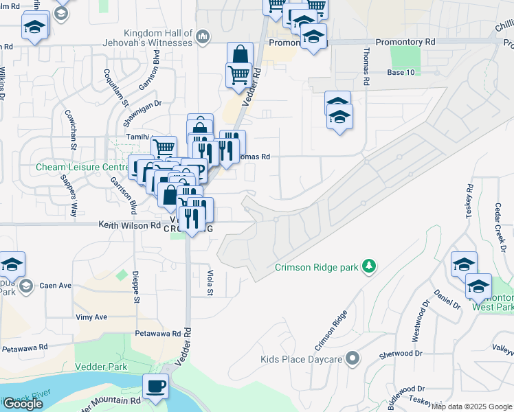 map of restaurants, bars, coffee shops, grocery stores, and more near 45750 Keith Wilson Road in Chilliwack