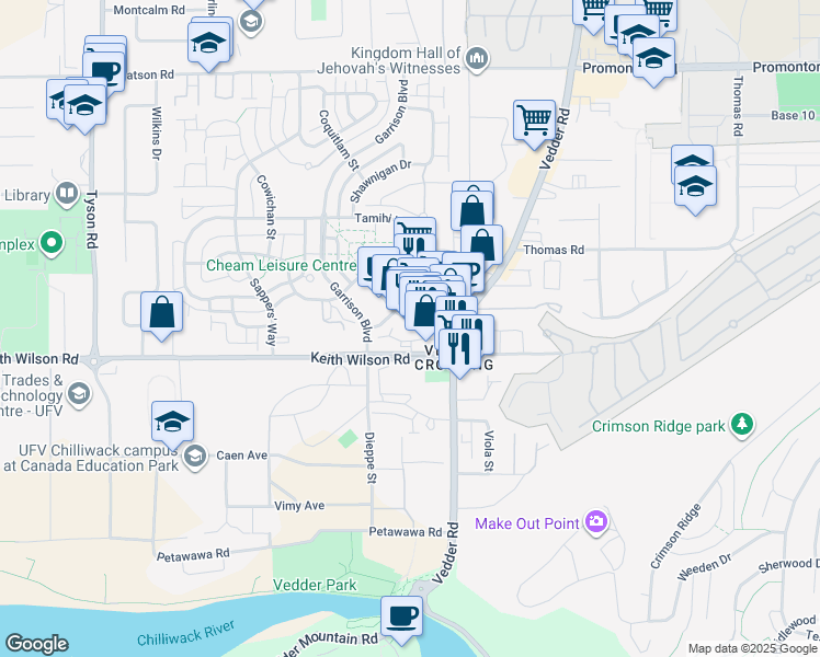map of restaurants, bars, coffee shops, grocery stores, and more near 45530 Market Way in Chilliwack