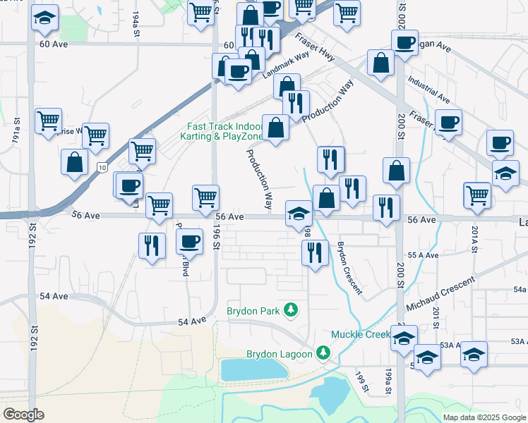 map of restaurants, bars, coffee shops, grocery stores, and more near 19705 56 Avenue in Langley