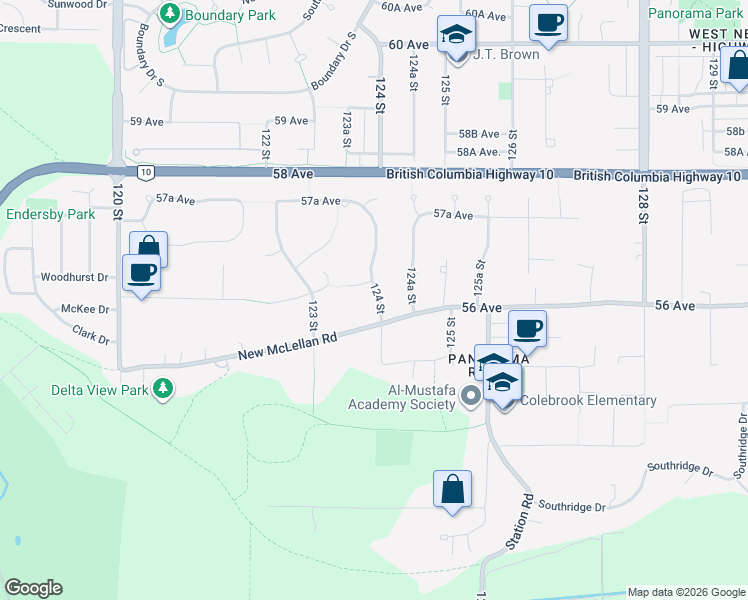 map of restaurants, bars, coffee shops, grocery stores, and more near 5579 124 Street in Surrey