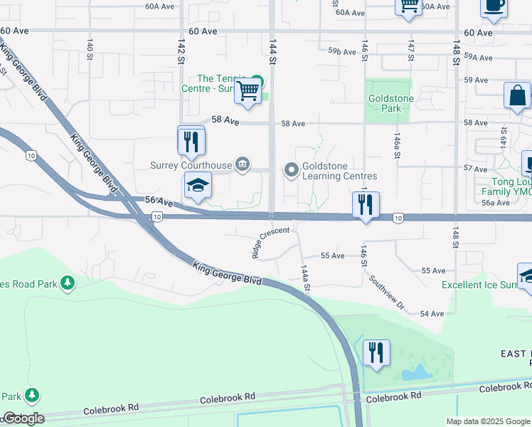 map of restaurants, bars, coffee shops, grocery stores, and more near 17455 56 Avenue in Surrey