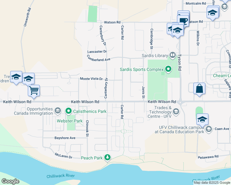 map of restaurants, bars, coffee shops, grocery stores, and more near 5644 Montesina Place in Chilliwack