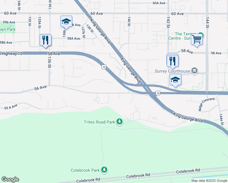 map of restaurants, bars, coffee shops, grocery stores, and more near 13925 56 Avenue in Surrey