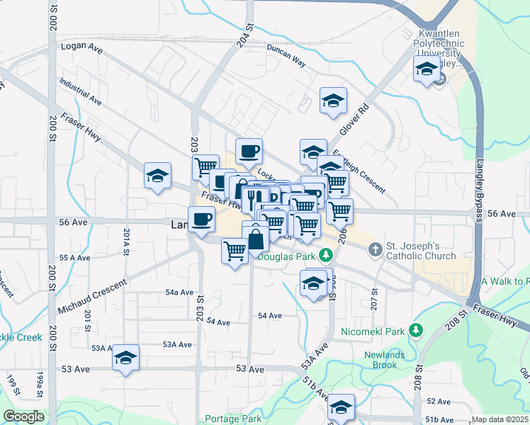 map of restaurants, bars, coffee shops, grocery stores, and more near 20404 Douglas Crescent in Langley