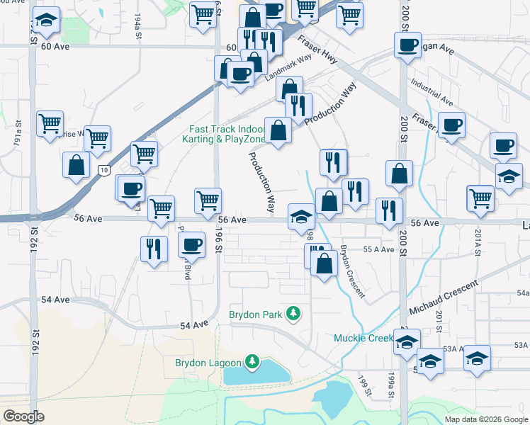 map of restaurants, bars, coffee shops, grocery stores, and more near 19705 56 Avenue in Langley