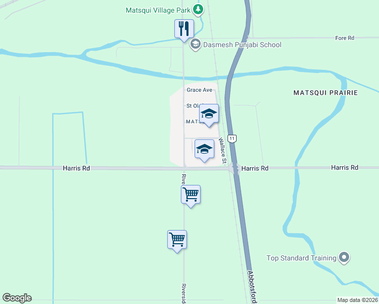 map of restaurants, bars, coffee shops, grocery stores, and more near 33601 Harris Road in Abbotsford