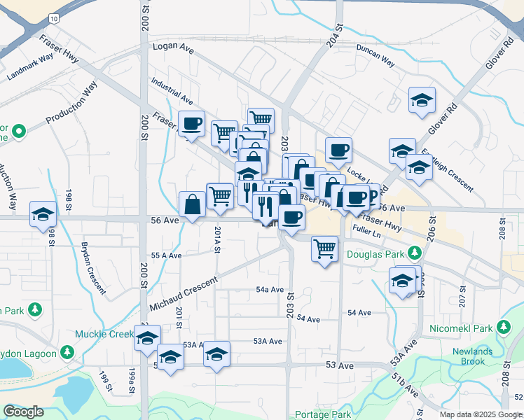 map of restaurants, bars, coffee shops, grocery stores, and more near in Langley