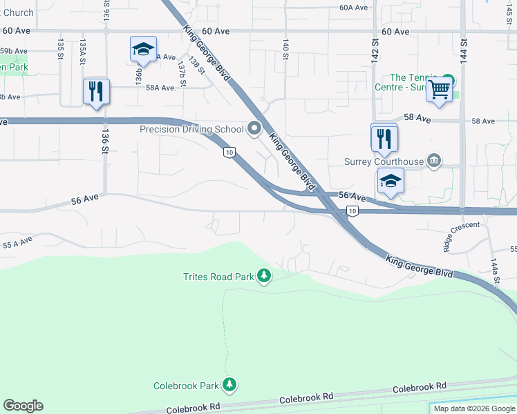 map of restaurants, bars, coffee shops, grocery stores, and more near 13918 56 Avenue in Surrey