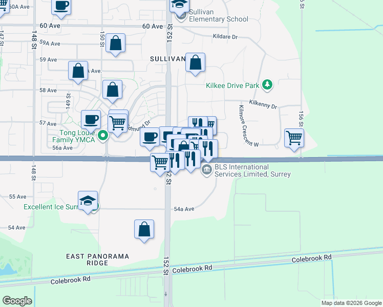 map of restaurants, bars, coffee shops, grocery stores, and more near 15255 British Columbia 10 in Surrey