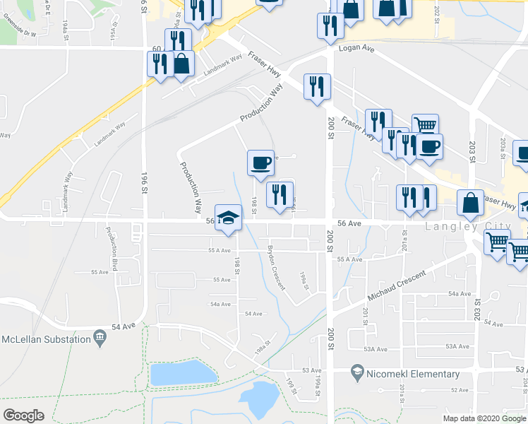 map of restaurants, bars, coffee shops, grocery stores, and more near 19835 56 Avenue in Langley
