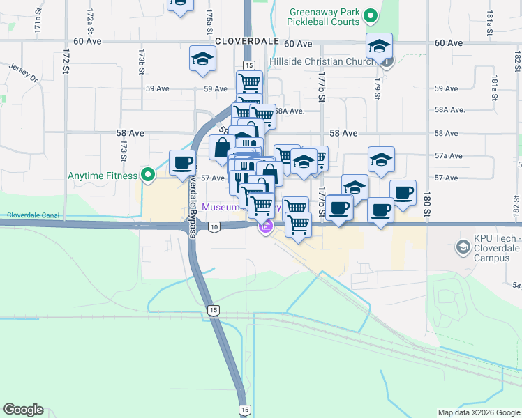 map of restaurants, bars, coffee shops, grocery stores, and more near 5627 176A Street in Surrey