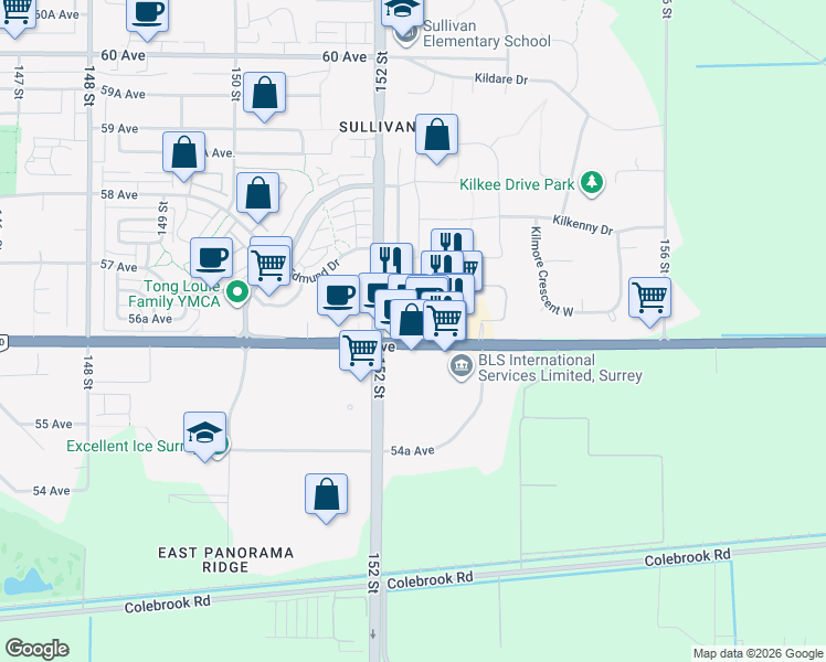 map of restaurants, bars, coffee shops, grocery stores, and more near 15255 British Columbia 10 in Surrey