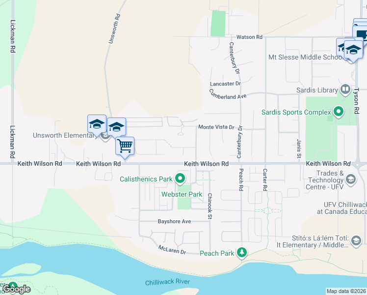 map of restaurants, bars, coffee shops, grocery stores, and more near Moore Avenue in Chilliwack