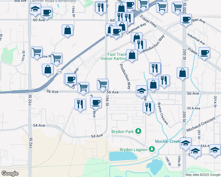 map of restaurants, bars, coffee shops, grocery stores, and more near 19613 56 Avenue in Langley City