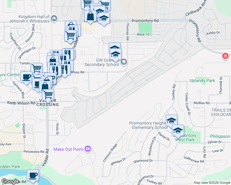 map of restaurants, bars, coffee shops, grocery stores, and more near 46000 Thomas Road in Chilliwack