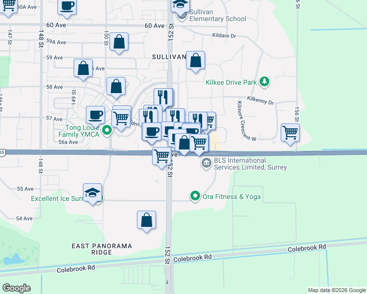 map of restaurants, bars, coffee shops, grocery stores, and more near 5620 152 Street in Surrey