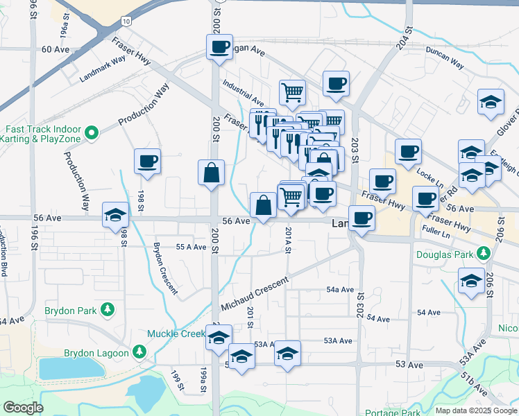map of restaurants, bars, coffee shops, grocery stores, and more near 20119 56 Avenue in Langley
