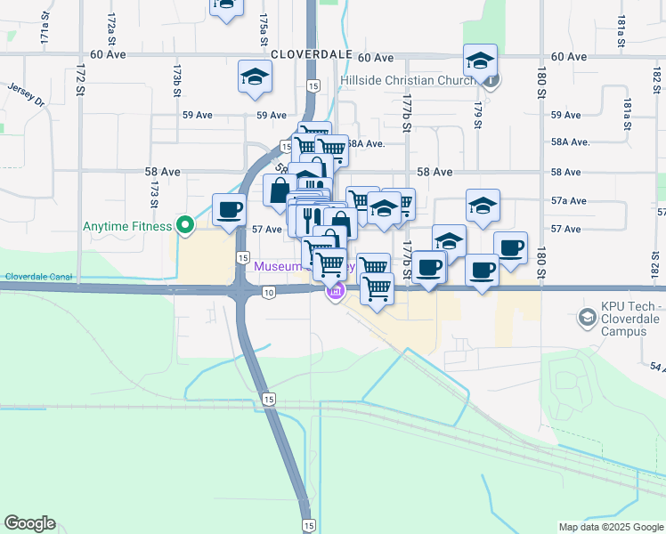 map of restaurants, bars, coffee shops, grocery stores, and more near in Surrey