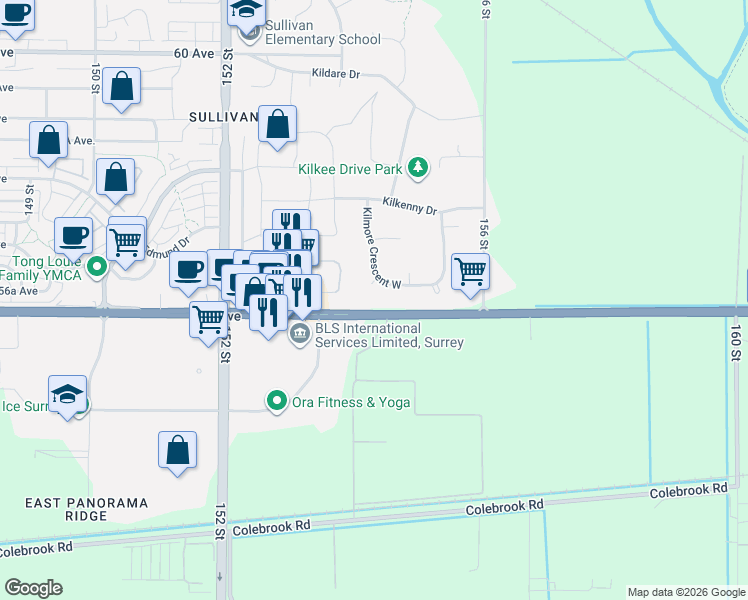 map of restaurants, bars, coffee shops, grocery stores, and more near 15430 Kilmore Close in Surrey