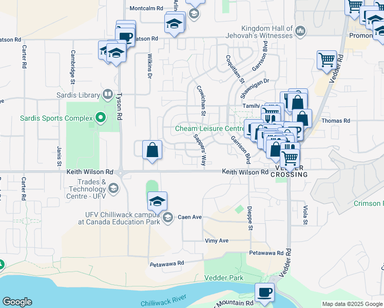 map of restaurants, bars, coffee shops, grocery stores, and more near 45297 Soowahlie Cresent in Chilliwack
