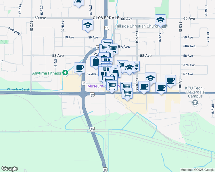map of restaurants, bars, coffee shops, grocery stores, and more near in Surrey