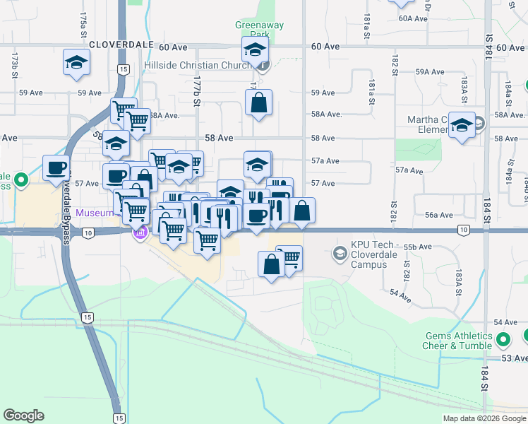 map of restaurants, bars, coffee shops, grocery stores, and more near 17874 57 Avenue in Surrey