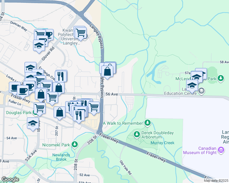 map of restaurants, bars, coffee shops, grocery stores, and more near 21009 56 Avenue in Langley