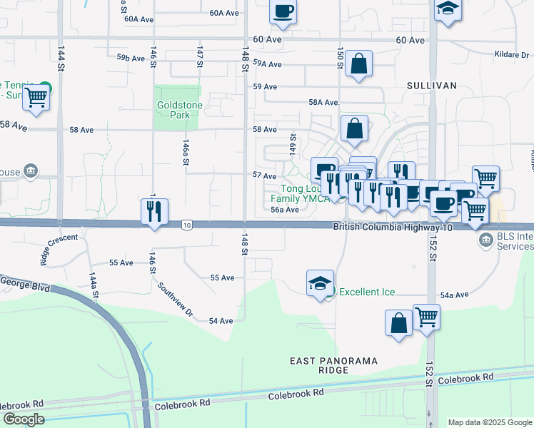 map of restaurants, bars, coffee shops, grocery stores, and more near 14858 56A Avenue in Surrey