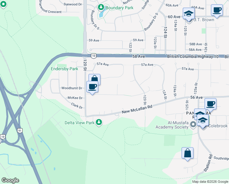 map of restaurants, bars, coffee shops, grocery stores, and more near 5615 121A Street in Surrey