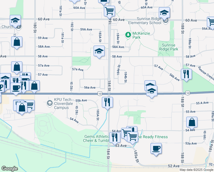map of restaurants, bars, coffee shops, grocery stores, and more near 5639 184 Street in Surrey
