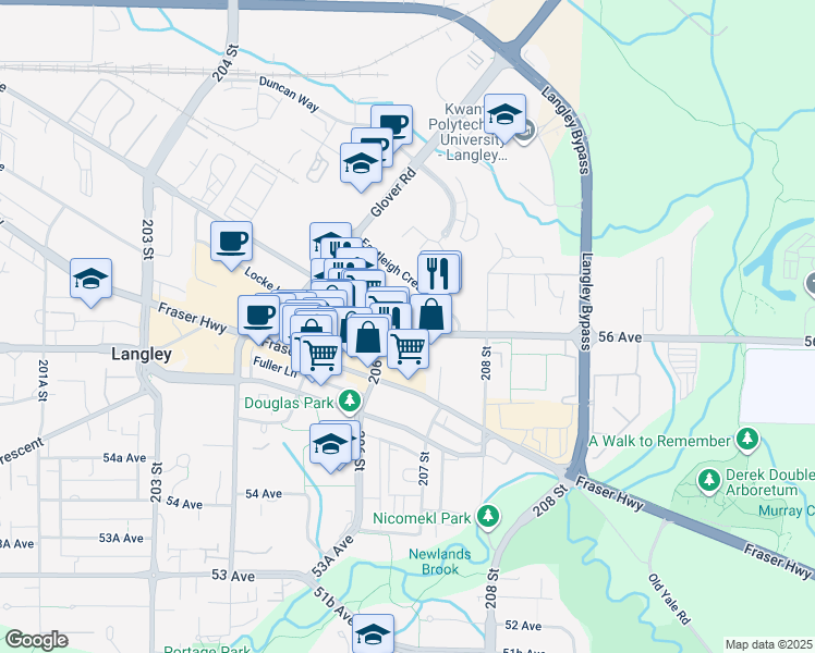map of restaurants, bars, coffee shops, grocery stores, and more near in Langley