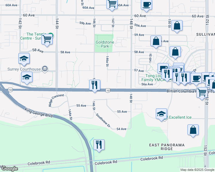 map of restaurants, bars, coffee shops, grocery stores, and more near in Surrey