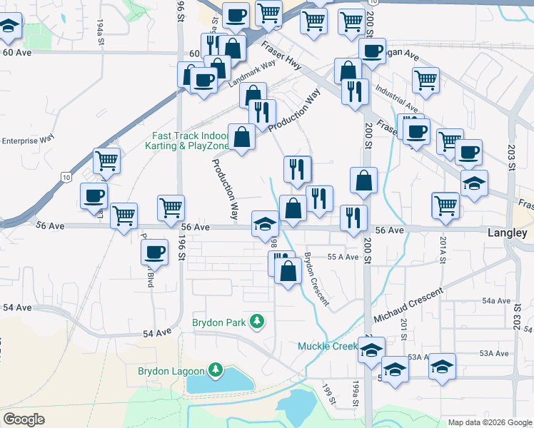 map of restaurants, bars, coffee shops, grocery stores, and more near 5713 198 Street in Langley City