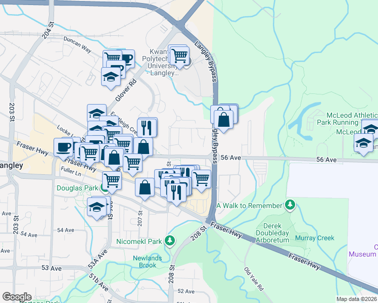 map of restaurants, bars, coffee shops, grocery stores, and more near 20881 56 Avenue in Langley