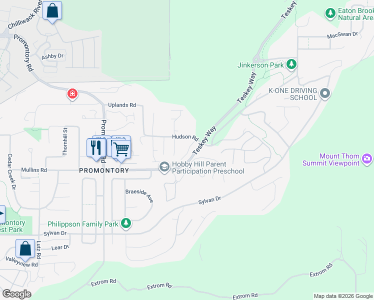 map of restaurants, bars, coffee shops, grocery stores, and more near 46832 Hudson Road in Chilliwack