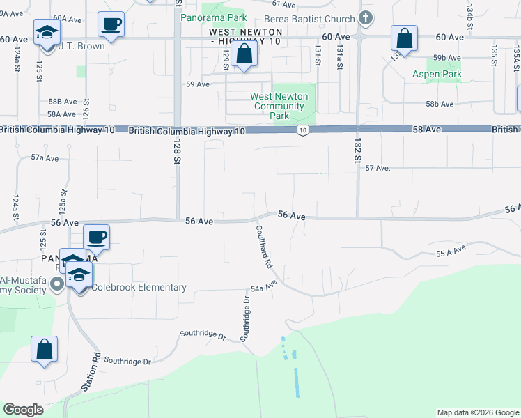 map of restaurants, bars, coffee shops, grocery stores, and more near 5612 129A Street in Surrey