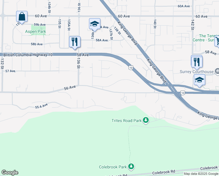 map of restaurants, bars, coffee shops, grocery stores, and more near 13766 56A Avenue in Surrey