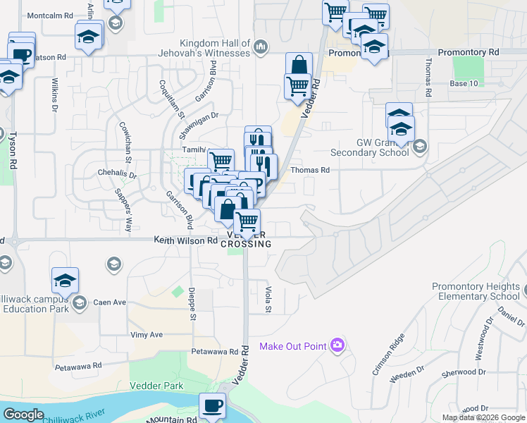 map of restaurants, bars, coffee shops, grocery stores, and more near 5648 Vedder Road in Chilliwack