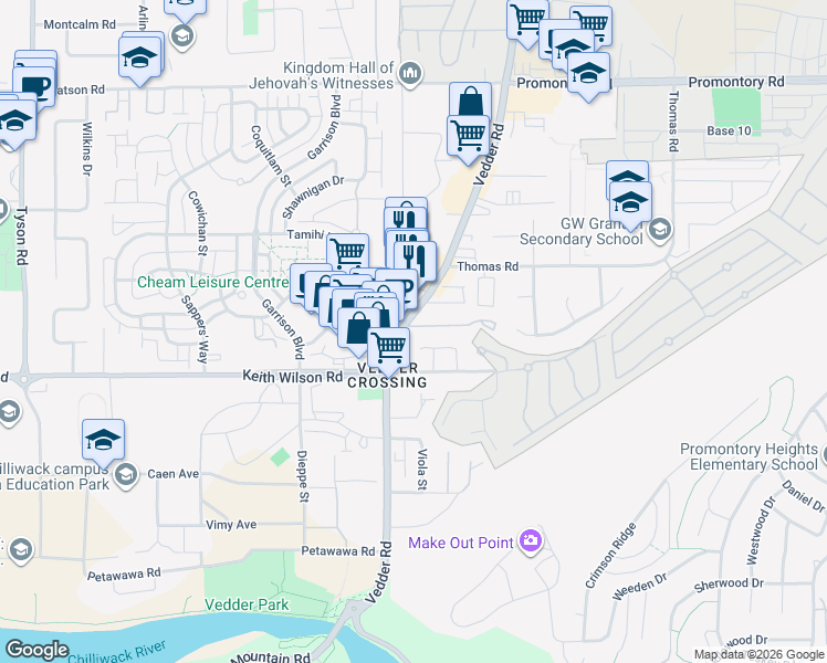 map of restaurants, bars, coffee shops, grocery stores, and more near 5651 Vedder Road in Chilliwack