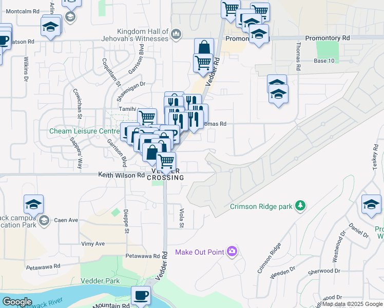 map of restaurants, bars, coffee shops, grocery stores, and more near 5648 Vedder Road in Chilliwack