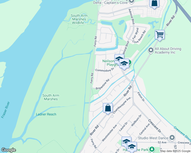 map of restaurants, bars, coffee shops, grocery stores, and more near 5573 Frigate Road in Delta