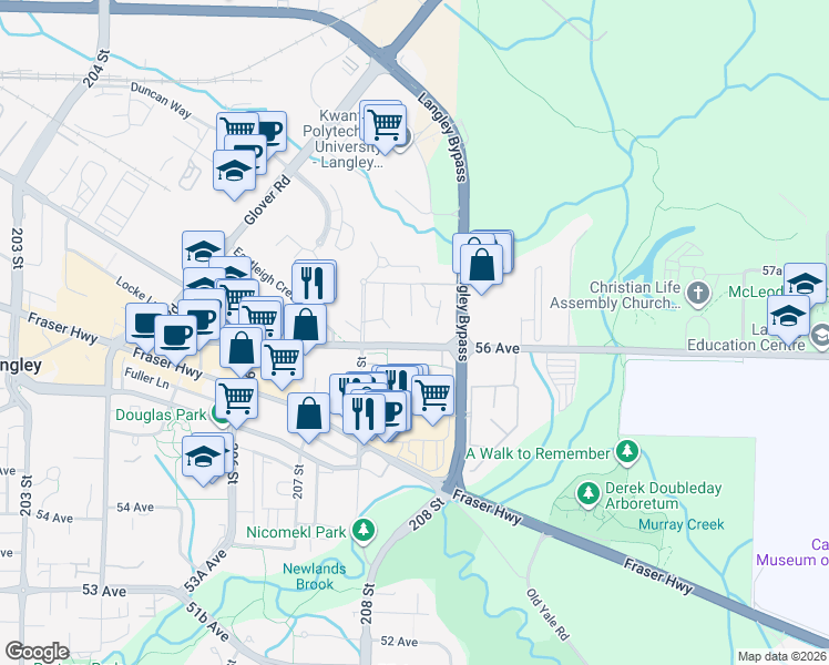 map of restaurants, bars, coffee shops, grocery stores, and more near in Langley