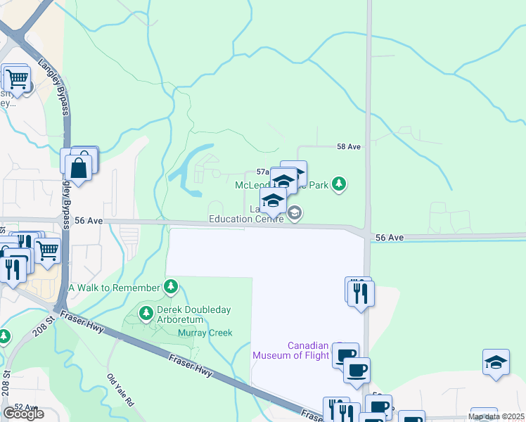 map of restaurants, bars, coffee shops, grocery stores, and more near 21405 56 Avenue in Langley