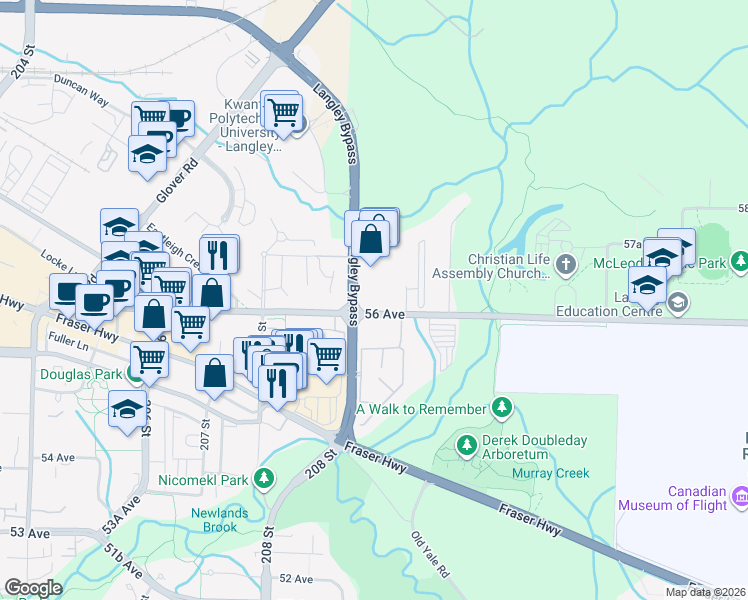 map of restaurants, bars, coffee shops, grocery stores, and more near 21009 56 Avenue in Langley Township